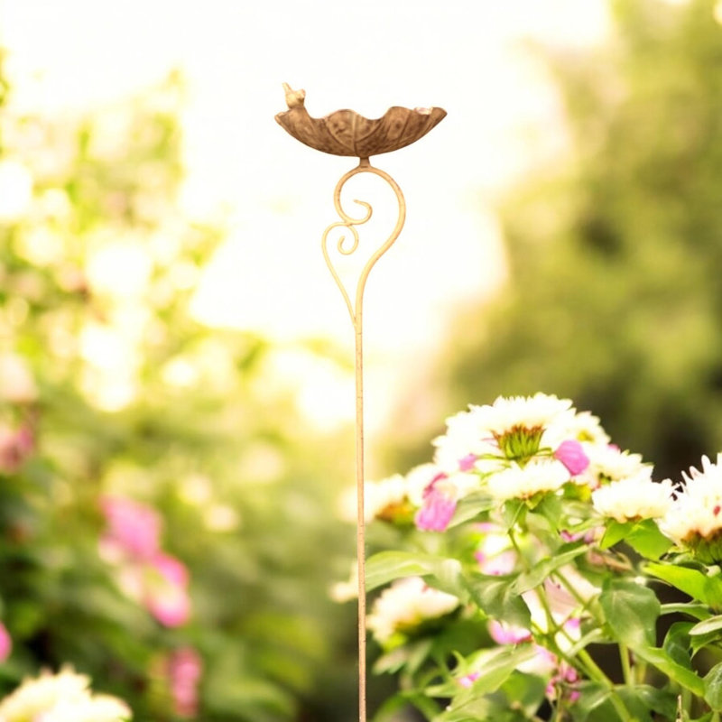 Hand-Finished Metal Stake Birdbath with Decorative Bird Design and Weathered Rust Finish for Outdoor Use