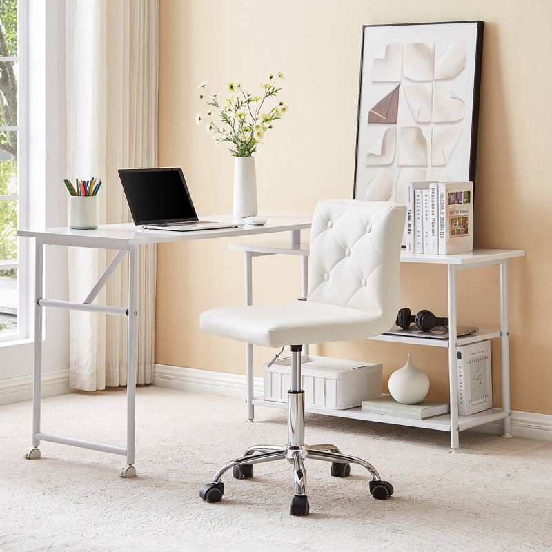 Armless Desk Chair Set Of 2, Mid Back Swivel Office Chair, Adjustable Task Chair With Rolling Wheels And Modern Tufted, White
