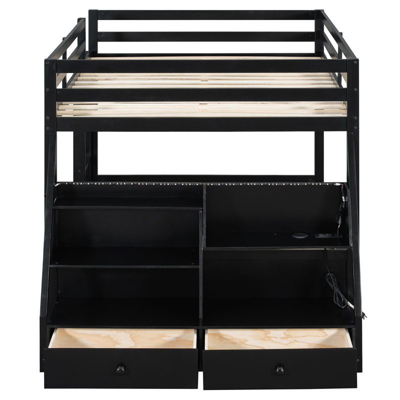 Lit superposé double avec DEL 7 couleurs contrôlées par l'application, ports USB, tablettes de rangement et 2 tiroirs, noir