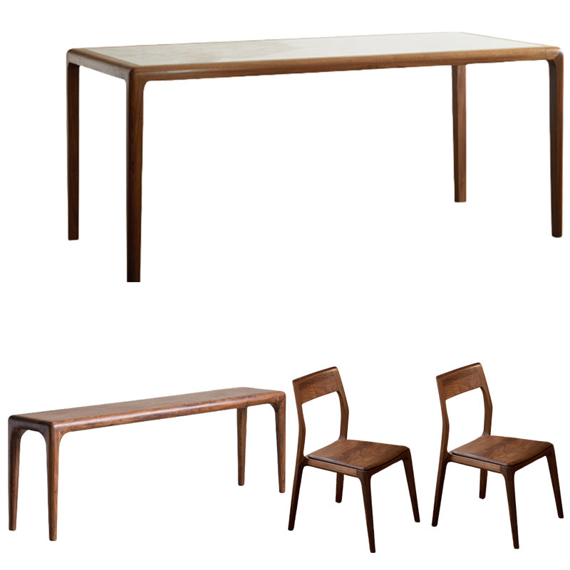 Black Walnut Slate Dining Table Set, 29.5"H x 55.1"L x 31.5"W