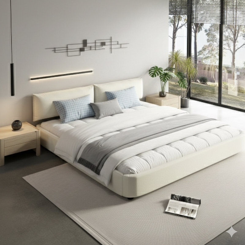 Très grande base de lit de style très grand avec une tête de lit réglable généreusement rembourrée. Comprend un revêtement en chenille et des coins arrondis, soutenu par un système double de lattes en métal et en bois massif. Un sommier n'est pas requis. Couleur: beige / blanc.