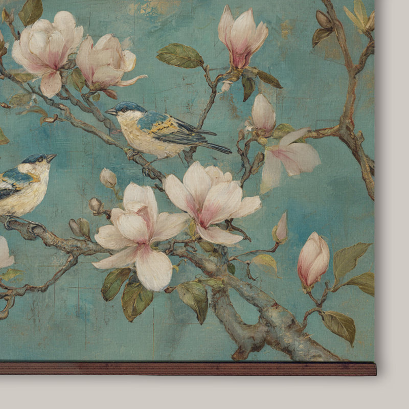 Magnolia Flower Bird Canvas Wall Art Botanical Nature Wall Tapestry Vintage Floral Wall Decor, 45''Hx73''W