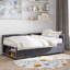 Lit plateforme simple tapissier en forme de L avec rangement et tiroirs, gris