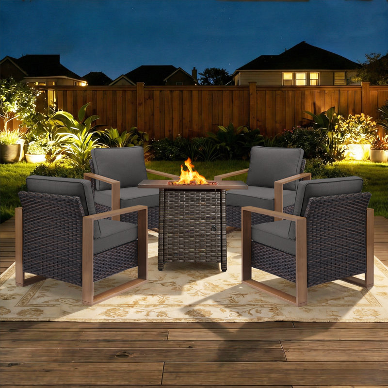 5-Piece Outdoor Modern Patio Lounge Chairs Conversation Set With Fire Pit Table, Brown, Gray