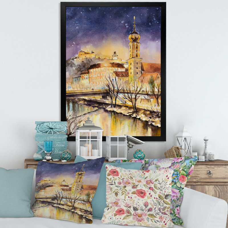 «Vintage Church By The River In Old Europe», peinture sur toile, Toile avec cadre de coin noir fermé, H 20 po x l 12 po