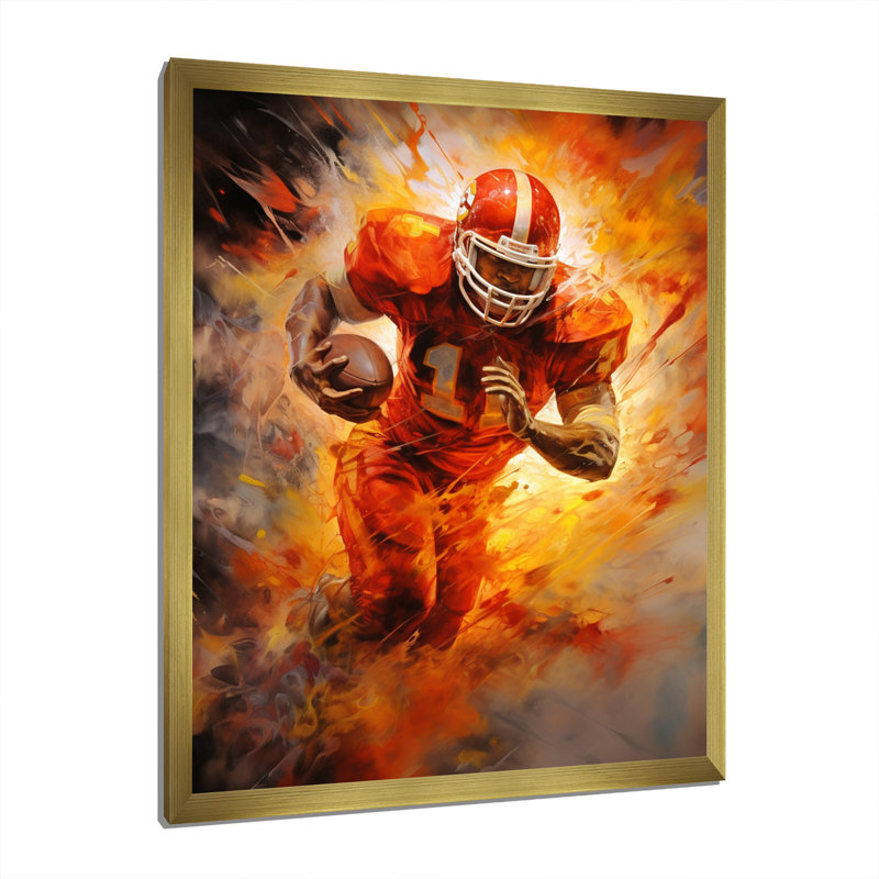 Orange Football Energy Burst I - imprimé, Encadrement doré, H 32 po x l 24 po x P 1 po