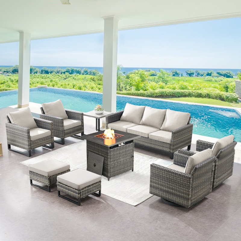Ingvald Wicker 7 - Person Patio Conversation Set with Cushions, Beige