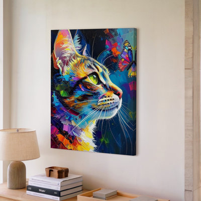 Rainbow Expression Cat Vibrant Colorful Feline With Butterfly Some Wall Canvas Wall Art Ready To Hang Gallery Wrapped Home Decor Decor