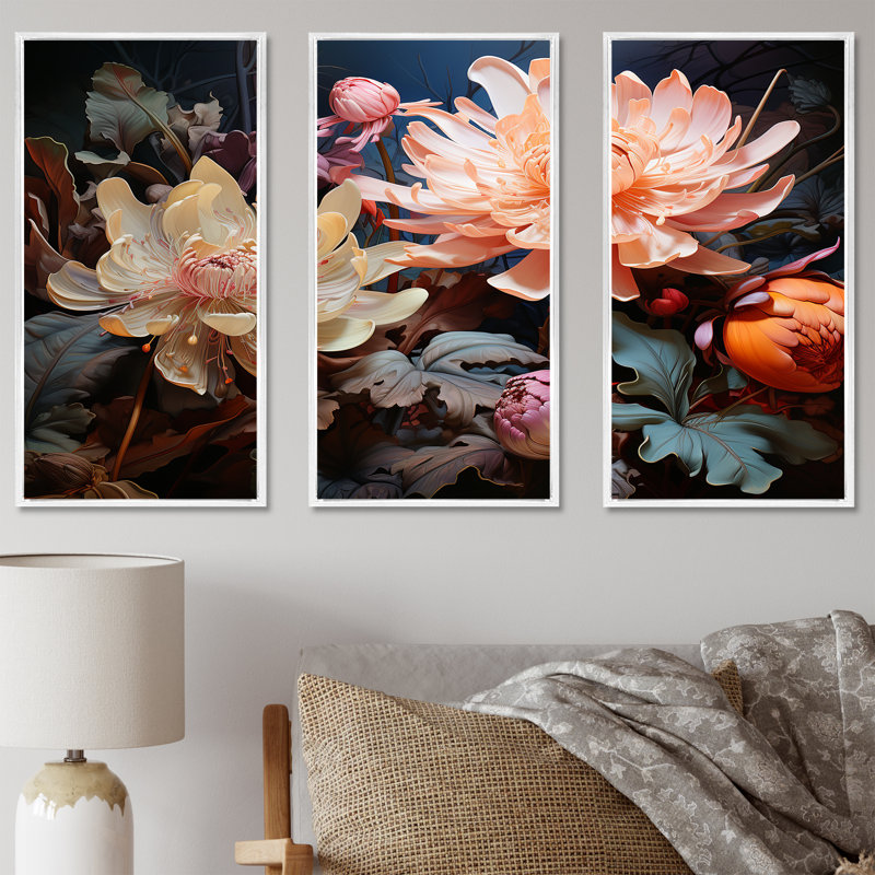 Ensemble d'art mural sur toile rose et beige, H 28 po x l 36 po x P 1 po, Cadre flottant blanc