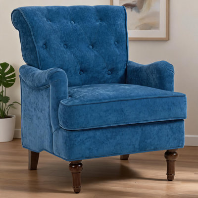 deep blue Upholstered Accent Arm Chair by, Comfy Reading Chair for Living Room and Bedroom, Springs Cushion With Retro Solid Wood Legs, Holds 300lbs