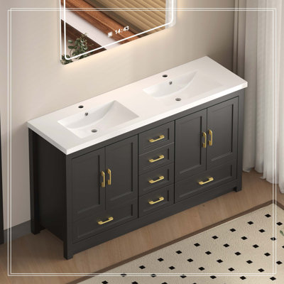 Meuble-lavabo 60 po NOIR. Armoire de rangement abondante - 4 portes à fermeture douce et 5 tiroirs