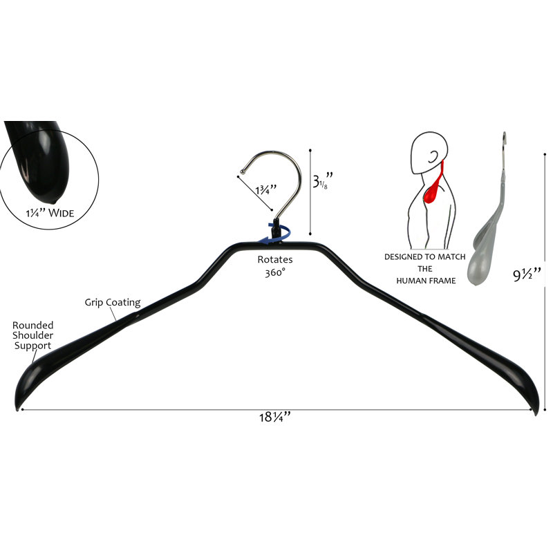 Metal Non-Slip Standard Hanger for Dress/Shirt/Sweater, Black, 8" H x 18.5" W x 1.25" D
