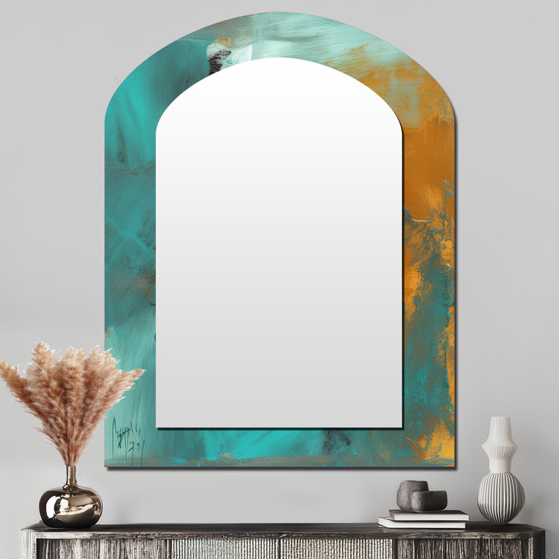 Becoming the Ocean Sun Abstract Teal And Gold - Abstract Painting Asymmetrical Large Mirror, Modern Arch Unique Wall Mirror Decor, Printed Metal Art