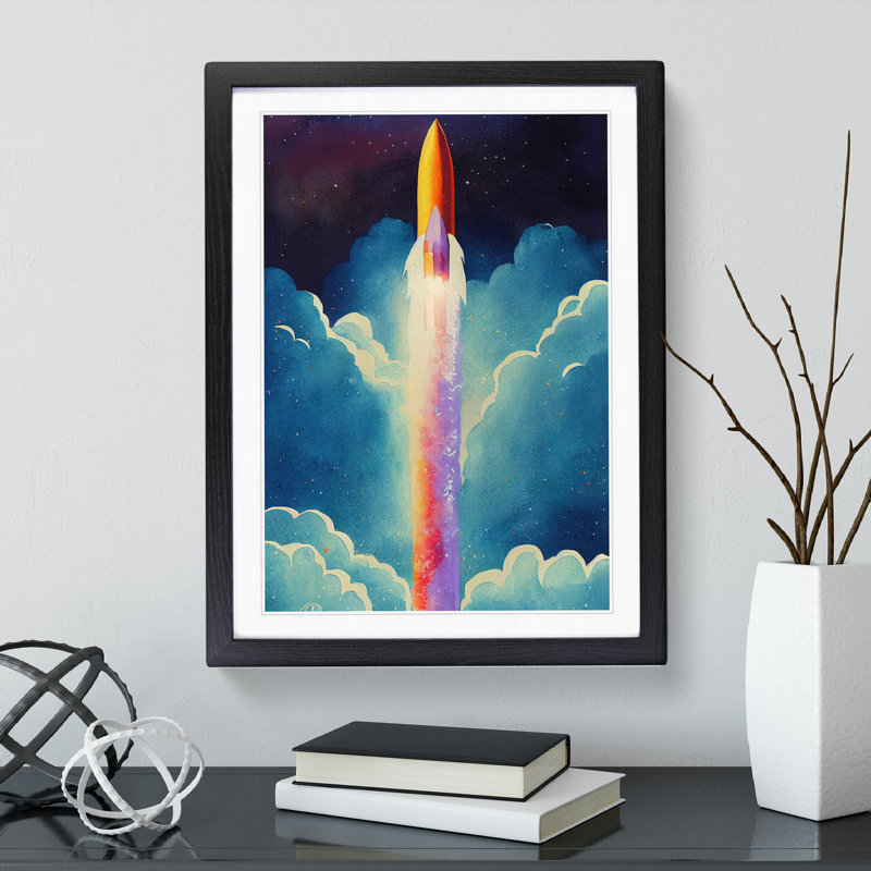 XV1022-4005X Spaceship Rocket In Flight No.2 - Single Picture Frame Print, Black, 46cm H x 34cm W x 2cm D