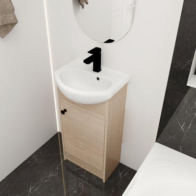 Meuble-lavabo de 18 po avec lavabo en contreplaqué de chêne élégant et autoportant pour lavabo blanc brillant