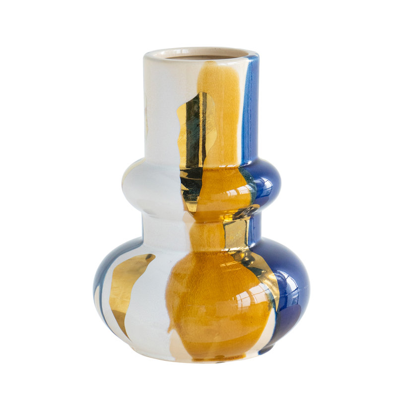 7.3x9.8 Inch Bulbous Ceramic Vase With Abstract Multicolored Finish, Deep Blue Gold & White Art Deco Accent Vase, Modern Bohemian Tabletop Decor For Living Room, Entryway, Mantel