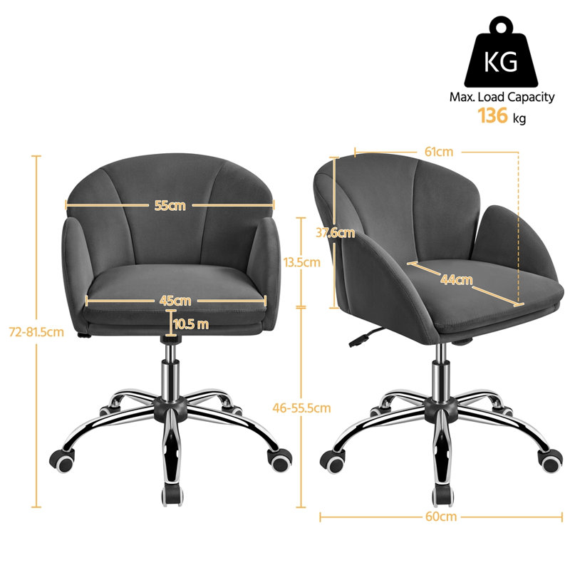 Desk Chair With Petal-shaped Backrest, Dark Grey Velvet