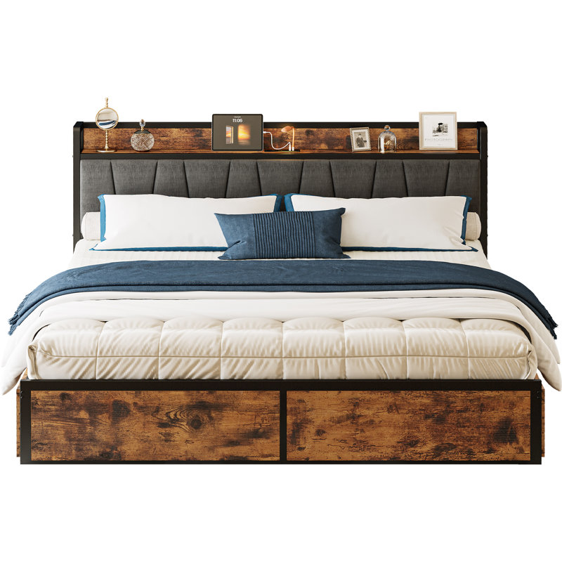 Brown And Gray California King Size Bed, 4 Drawers, Charging Headboard, Stable And Quiet, Spring-free, Easy To Install.
