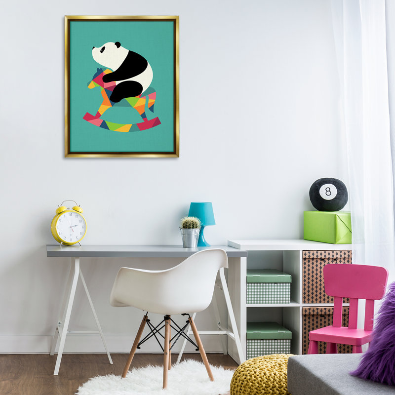 Panda sur un cheval à bascule, art mural sur toile flottante, design par Andy Westface, H 31 po x l 25 po