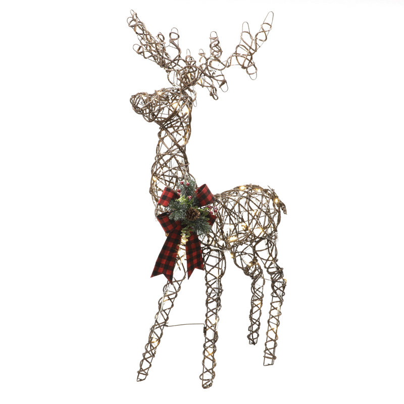 Rattan Standing Reindeer with Bow and LED Lights