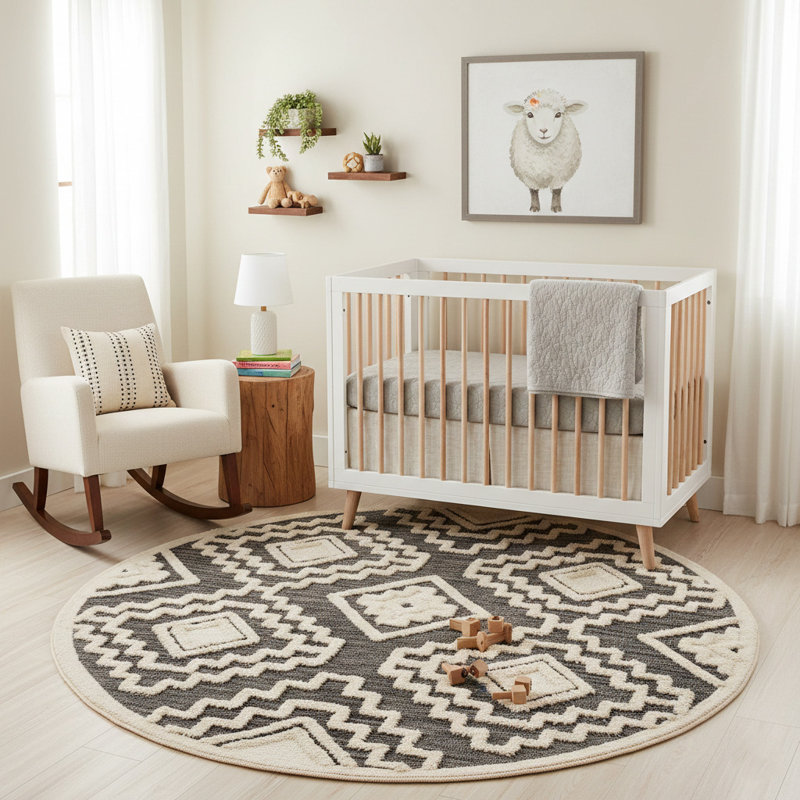 Hand-tufted Wool Geometric Gray Indoor Area Rug, Round 6'