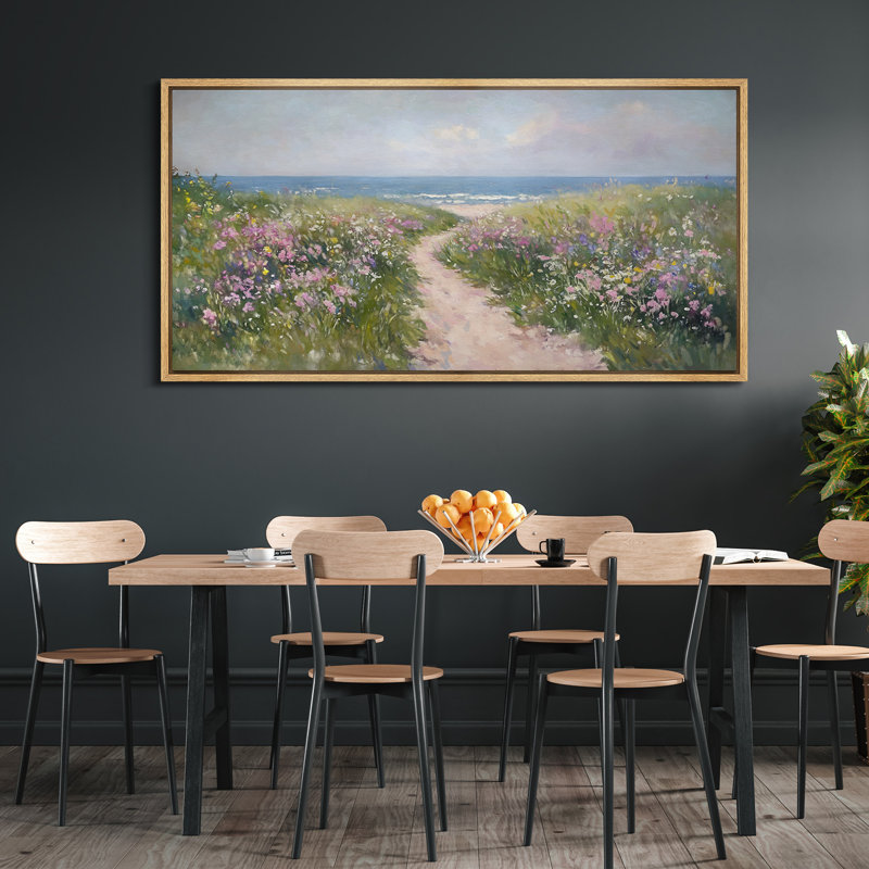 Art mural sur toile encadrée Seaside Meadow Path - Paysage côtier floral pour décor de salle de bain ou de maison de plage