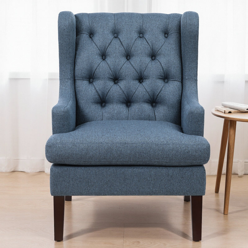 Fauteuil d'appoint en tissu capitonné à boutons bleus - siège rembourré en mousse et pieds espresso, l 29 po, Blue