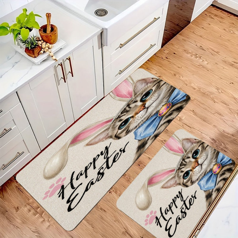 Chat de Pâques avec oreilles de lapin, ensemble de 2 tapis de cuisine, Chat de Pâques beige / rose avec oreilles de lapi