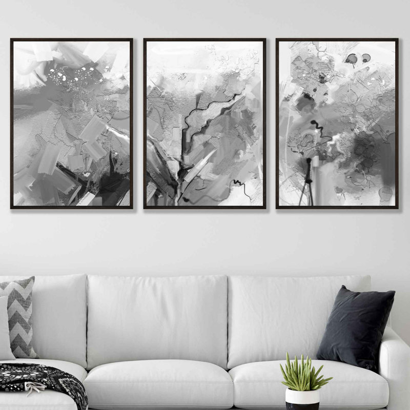 Lunar Reflections - 3 Piece Single Picture Frame Painting Set, Black Framed, 53cm H x 43cm W 