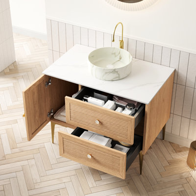 Meuble-lavabo 36 po en chêne, autoportant avec 4 pieds en métal et 2 tiroirs avec lavabo en céramique de haute qualité, système de fermeture en douceur