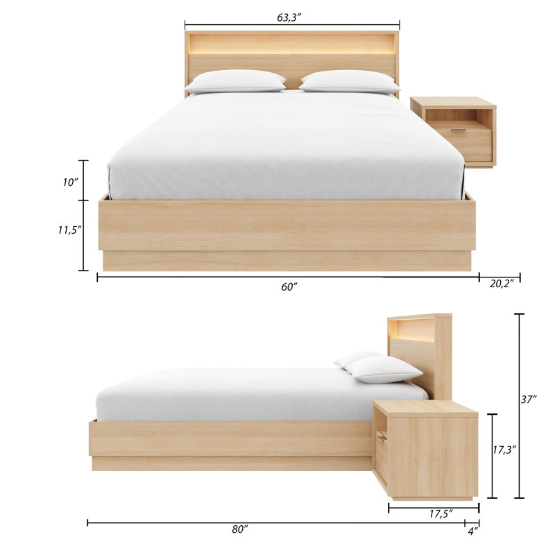 Decoteau 2 Piece Bedroom Set with Headboard with Integrated Lighting, Beige