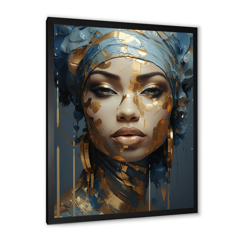 «Blue and Gold African Woman Portrait», art africain sur toile, H 44 po x l 34 po, Cadre photo unique, Noir