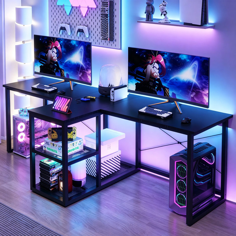 Bureau double de 235 cm de large avec étagères de rangement, bureau de jeu deux places avec support pour boîtier PC, idéal pour le télétravail ou le bureau à domicile.