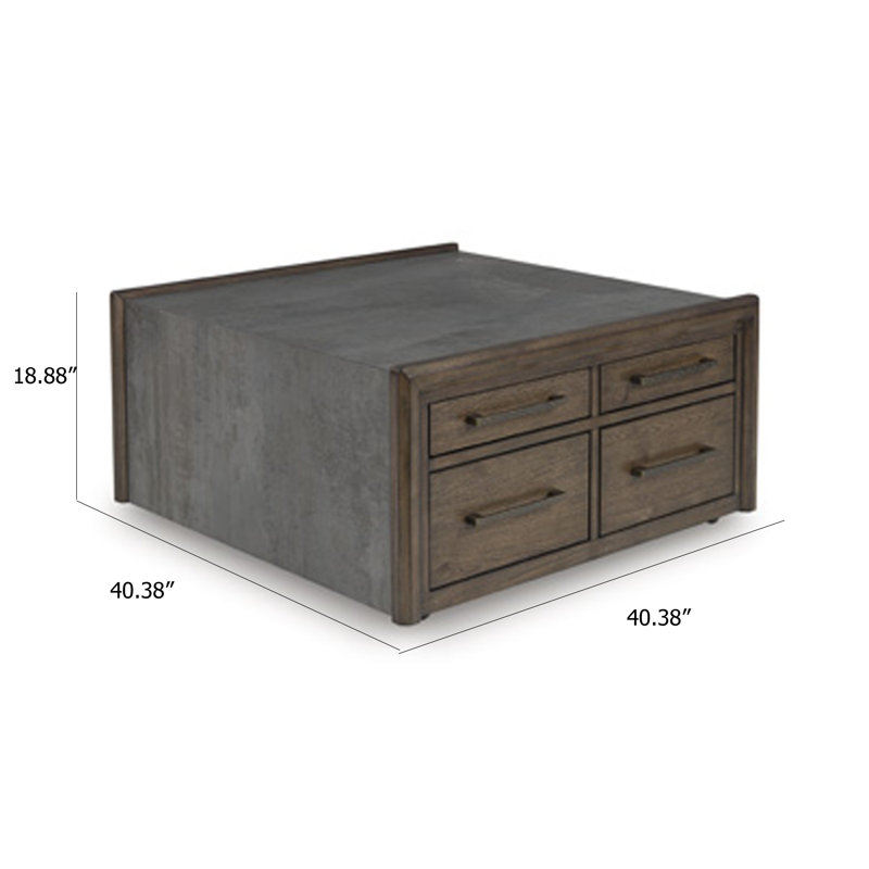 Table basse Kio, plateau carré en faux ciment 40 po et 8 tiroirs, brun