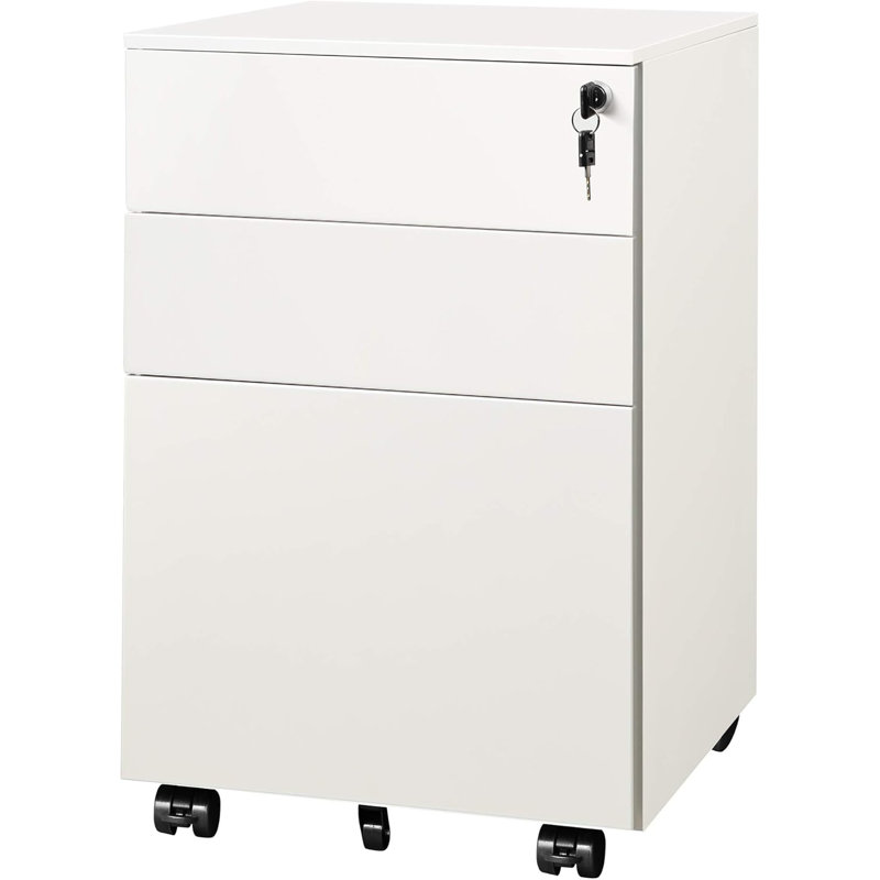 Locking 3 Drawer Rolling File Cabinet, Fully Assembled Except Casters, White
