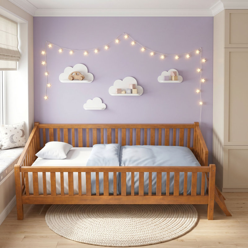 Lit plateforme simple en bois avec garde-corps, Noyer