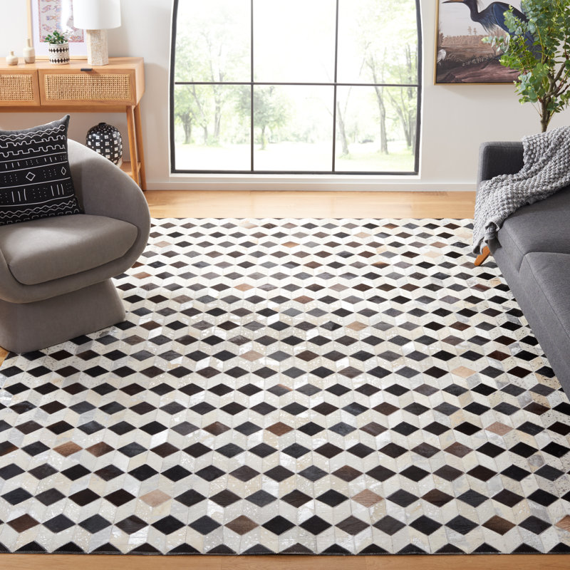 Studio Leather Hand Woven Wool/Leather/Non Woven Felt Geometric Rug in Beige/Black, Rectangle 8' x 10'