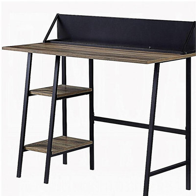 Retro oak and black 2-tier desk with an H-shaped base