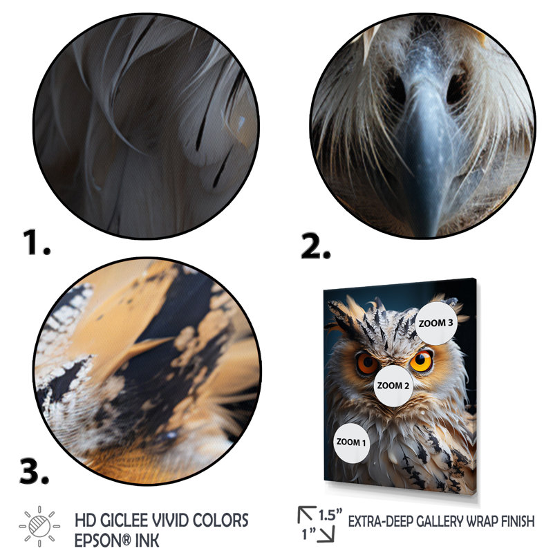 «White Yellow Yellow Owl», reproduction sur toile, H 32 po x l 24 po x P 1 po, Cadre flottant noir