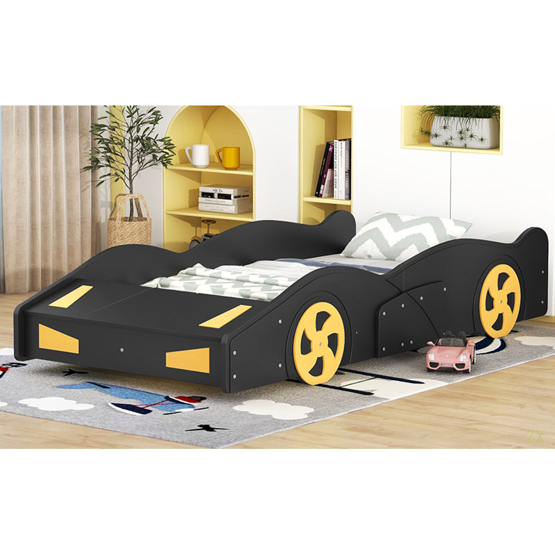 Lit plateforme simple en forme de voiture de course avec roues et rangement