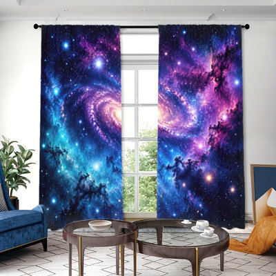 2PCS Galaxy Nebula Pattern Thin Light Filtering Curtain with Black Gold Moon Starry Sky Design, Vibrant Space Decor, Easy Hang Rod Pocket Window Covering, All-Season Curtains for Home Living Room Bedroom Study Decoration