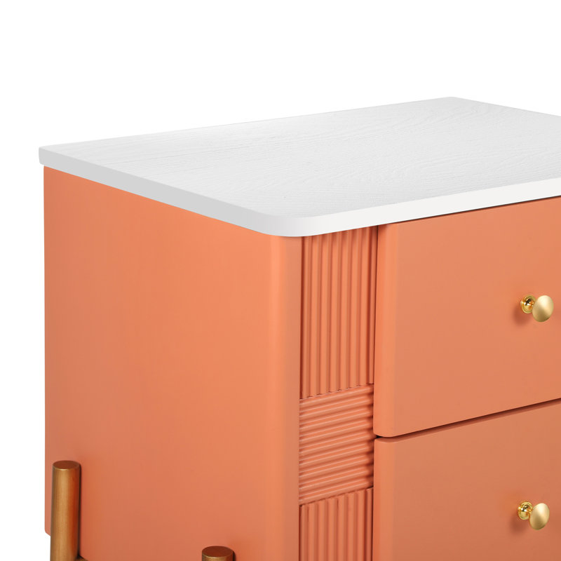 Table de chevet moderne avec 2 tiroirs de rangement, table de chevet en bois cannelée avec pieds en métal, Orange