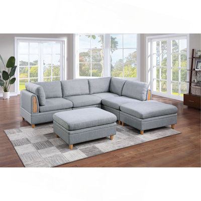 Living Room Furniture 6Pc Modular Sofa Set Light Grey Dorris Fabric Couch 2X Corner Wedges 2X Armless Chair And 2X Ottomans