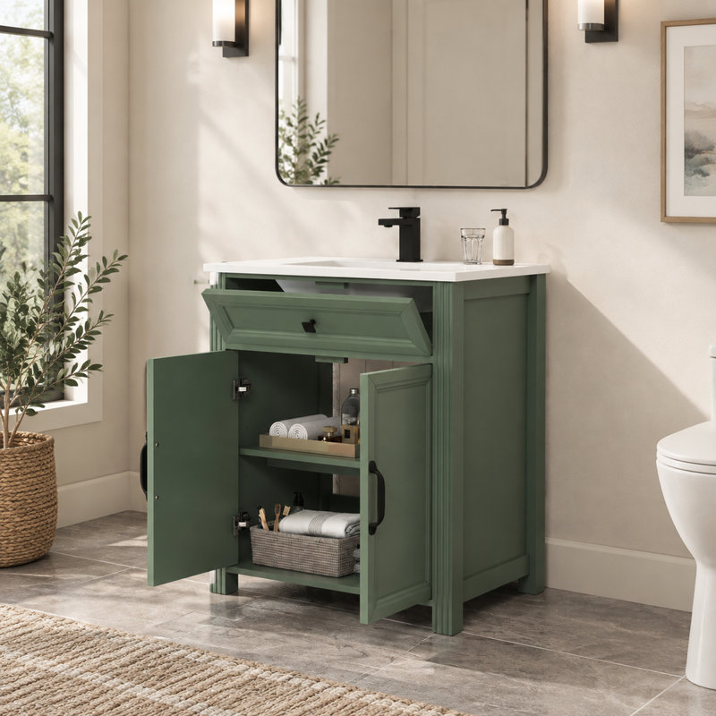 Meuble-lavabo sur pied de 70,2 cm (27,64 po) avec rangement, design moderne du milieu du siècle, armoire peinte en vert, lavabo en céramique et poignées en métal