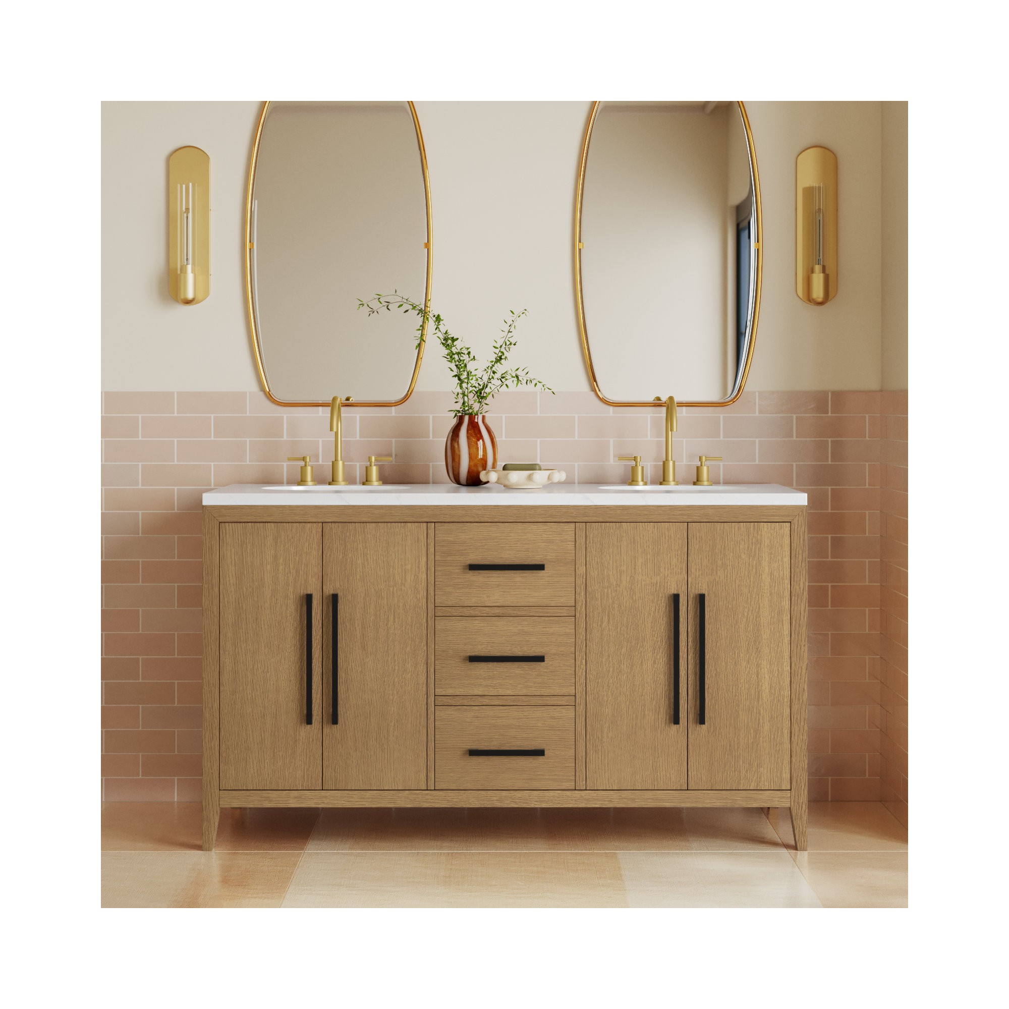 Alsup 60'' Double Bathroom Vanity with Quartz Top, Brown Oak