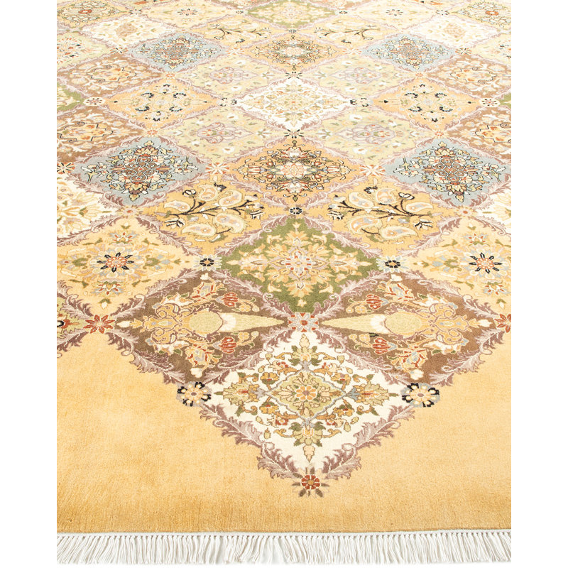Tapis jaune en laine noué à la main 9 pi 1 po x 9 pi 1 po Hayner