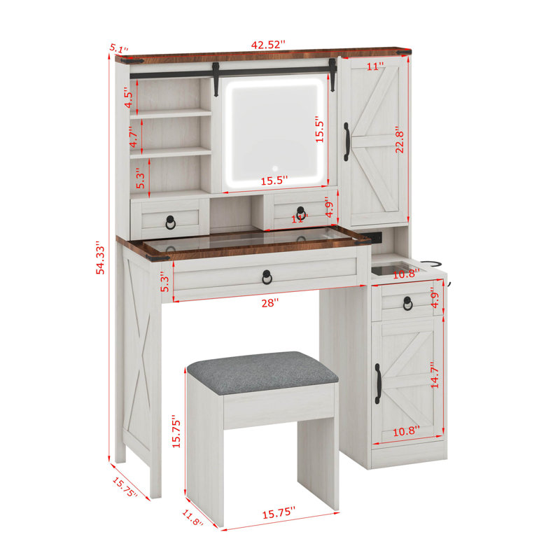 Farmhouse Vanity Makeup Desk With Charging Station, Vanity Desk With Lights Mirror And Drawers, White