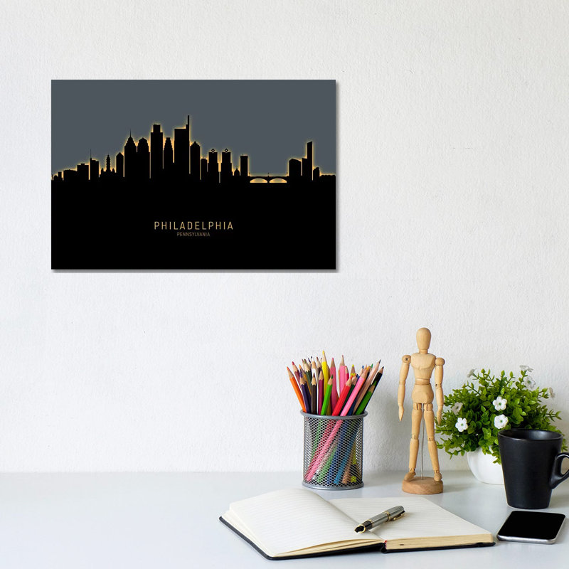 Philadelphia Skyline Glow Orange by Michael Tompsett - Wrapped Canvas Print, 20.32 cm H x 30.48 cm W