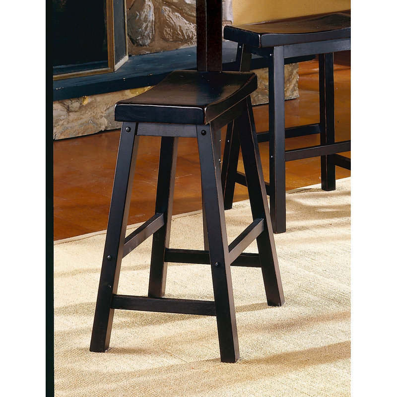 29-Inch Bar Height Stools Set Of 2Pc Saddle Seat Solid Wood Casual Dining Home Furniture, Black