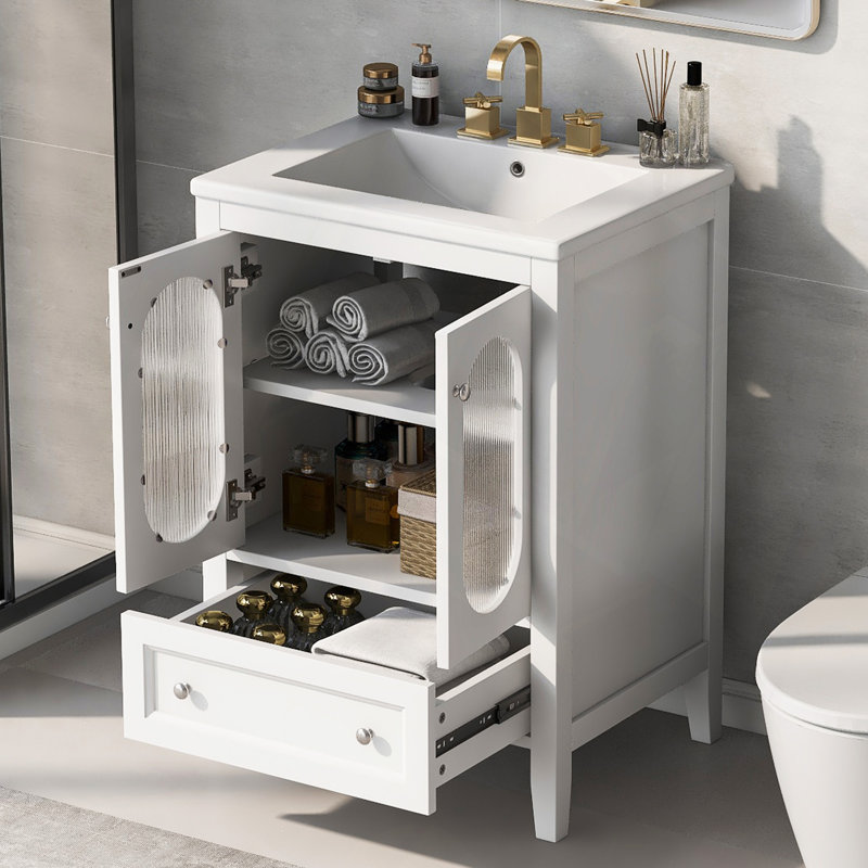Meuble-lavabo avec lavabo, meuble-lavabo avec tiroir et portes, tablette réglable, bois massif et panneau de fibres à densité moyenne